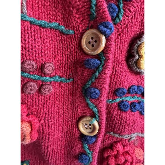 Vintage 90s Women’s M Erika Red Floral Knit Embroidered Button Down Vest Flowers - Picture 7 of 11